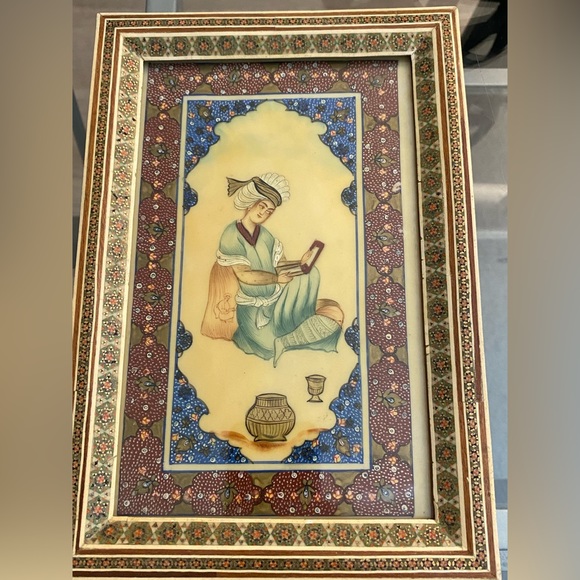 Vintage Persian Handmade Bone Brass Fine Art Natural Dye Small Painting Framed - Picture 1 of 8